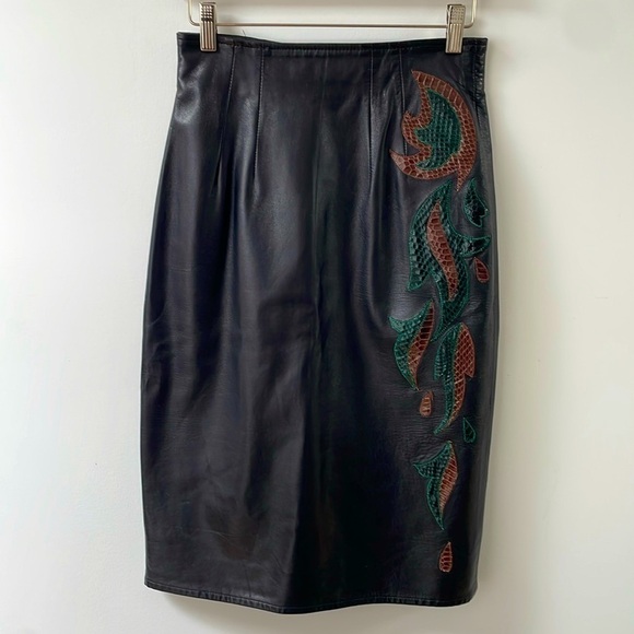 Vintage EREZ leather high waisted pencil skirt, embroidery, made in USA, size S - Picture 1 of 13